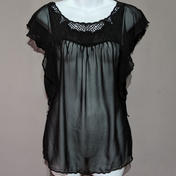 Black sheer shirt with lace design - Picture 1 of 5